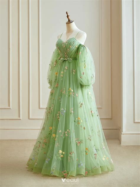 Fairytale Sage Green Embroidered Flower Spaghetti Straps Prom Dresses ...