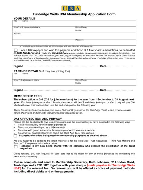 Fillable Online Tunbridge Wells U3A Membership Application Form Fax ...