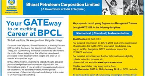 BPCL Recruitment through GATE 2016 Management Trainees