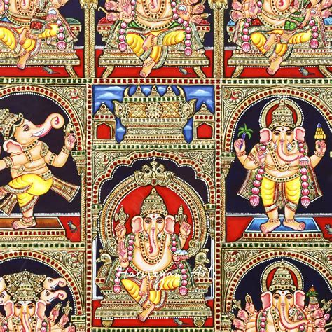 35" Ashta Ganapati Tanjore Painting with Intricate Gold Accents