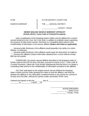 Sealing of Affidavit, Tex. Code Crim. Proc. art. 18.011 Doc Template ...