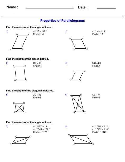Properties of Parallelograms - Quadrilaterals and Polygons Worksheets ...