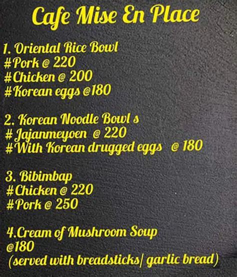 Menu at Mise En Place, Kolkata