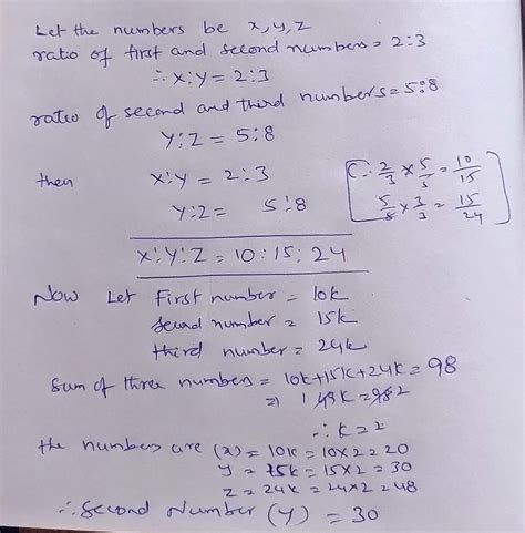 The sum of three numbers is 98. If the ratio of the first to the second ...