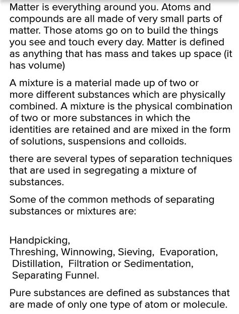 Develop a paragraph on matter and its types based on the information ...