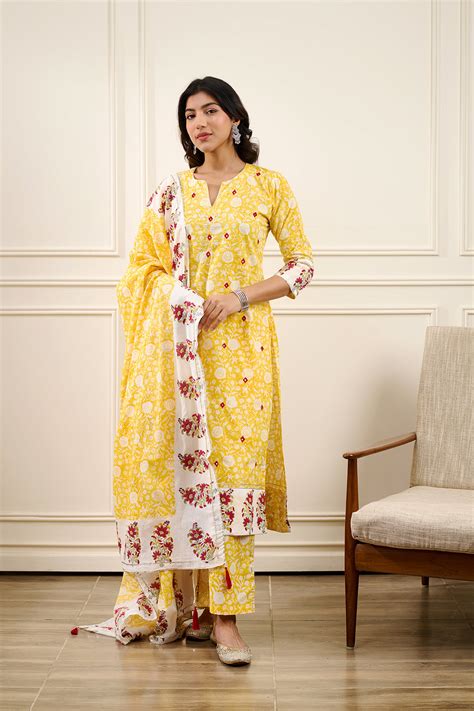 Roohi Yellow Straight Kurta with Pant and Dupatta- Set of 3 ...