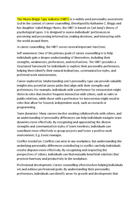 Mod 3 Career counselling - The Myers-Briggs Type Indicator (MBTI) is a ...
