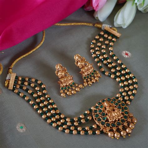 Green & Golden Beaded Laxmi Temple Choker Set – INC63