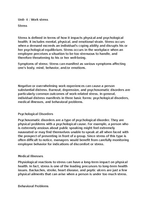Unit 4 work stress - Unit- 4 : Work stress Stress Stress is defined in ...