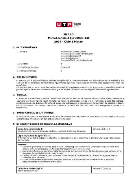 Microeconomia undefined - SÍLABO Microeconomía (100000NI44) 2024 - Ciclo 1 Marzo 1. DATOS ...
