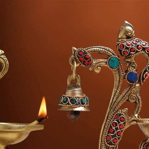 Brass Ethnic Peacock Diya With Hanging bell (8 Inch) – Vedansh Craft