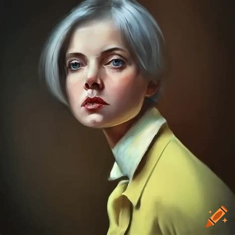 Moody oil painting of a 40-year-old lady in a pale yellow sweater on an ...