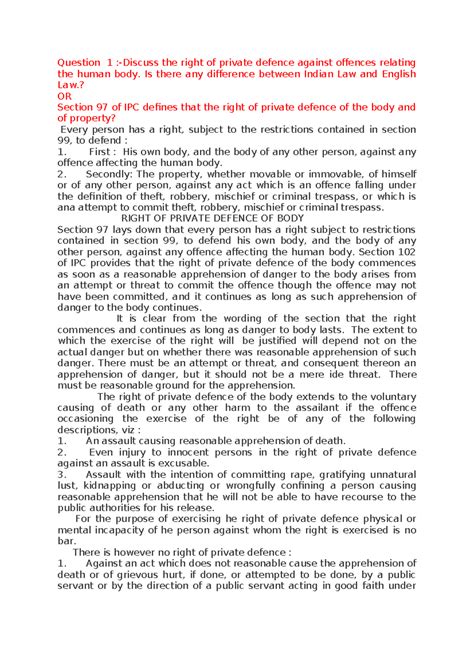 LAW OF Crimes - notes on ipc - Question 1 :-Discuss the right of ...