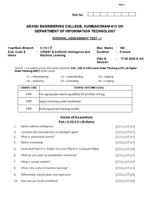 IAT I CS3491 Question Paper: AI & Machine Learning Assessment - Studocu