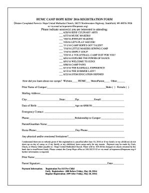 Fillable Online hopeumc Camp Hope Registration Form - HOPE United ...