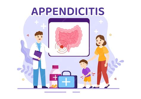 Appendicitis illustration with kids inflammation of the appendix and stomach treatment in ...