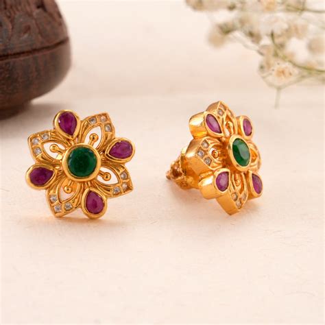 Floral Design Emerald & Ruby Kundan Stud-Sri Anu Jewellers.
