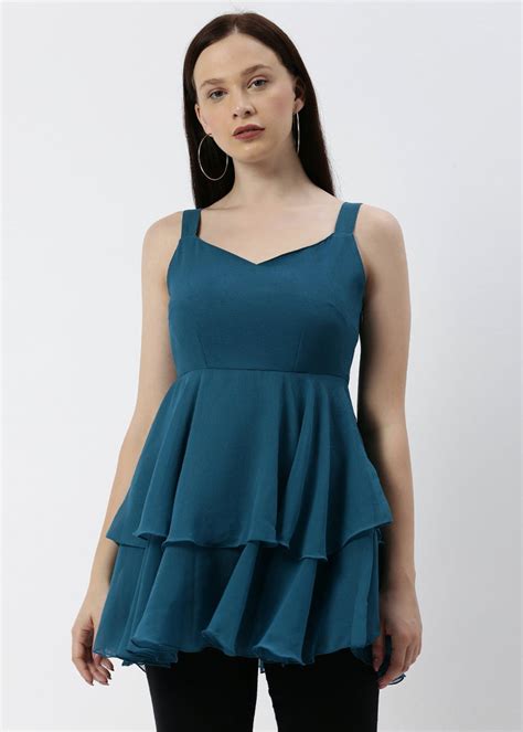 Get Teal Blue Solid Slim Fit Ruffled Hem Top at ₹ 999 | LBB Shop