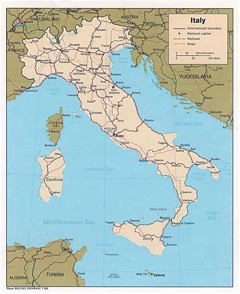 Large political map of Italy with roads, railroads and major cities ...