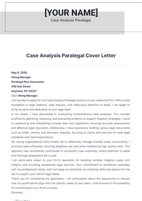 Free Case Analysis Paralegal Cover Letter Template to Edit Online