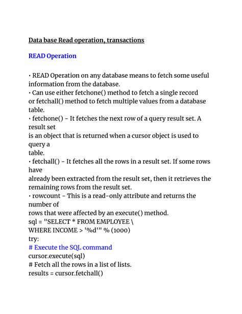 Data base Read operation, transactions - Can use either fetchone ...