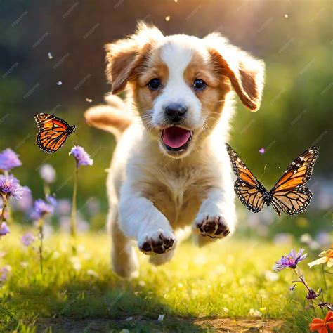 Premium Photo | Photo of cute dog puppy chasing butterflies generative ai