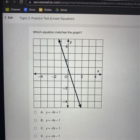 What equation matches the graph? A. y = -3x + 1 B. y = -3x - 1 C. y ...