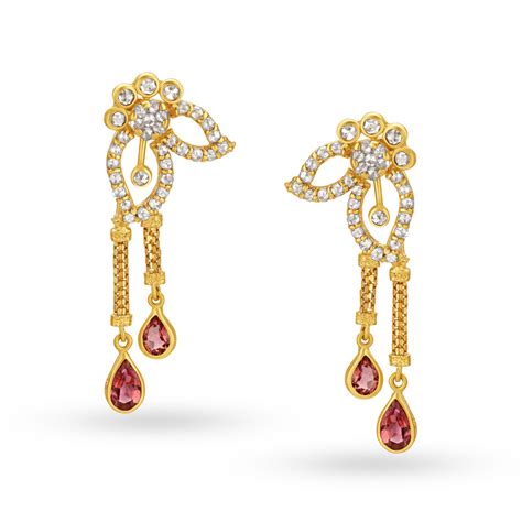 Floral And Leaf Motif Gold Drop Earrings