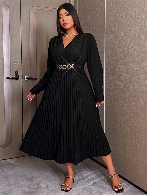 Allurite Plus Size V-Neck Pleated Long Dress, Spring And Fall Maxi ...
