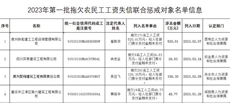 贵州公布2023年第一批拖欠农民工工资失信联合惩戒对象名单