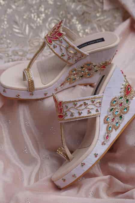 Buy Beige Bead Kavya Embroidered Wedges by Shradha Hedau Footwear ...