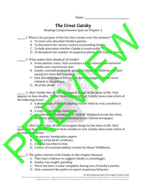 The Great Gatsby Chapter 4 Quiz and Answer Key | Teaching Resources