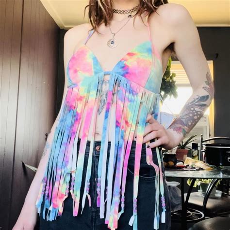iHeartRaves Brand Rainbow Tie-Dye Fringe Triangle... - Depop