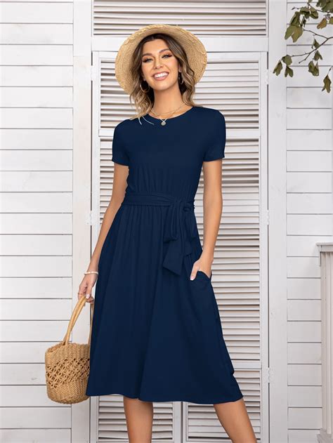 YININF Women's Navy Blue Casual Dress Pleated Loose Flowy Midi High ...