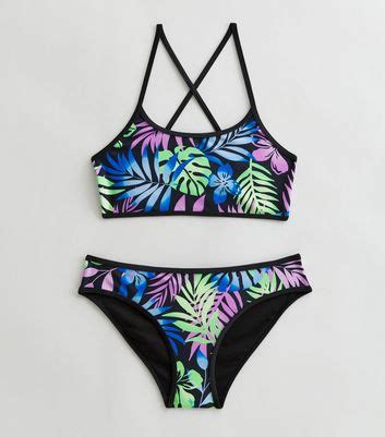 Girls Multicoloured Tropical Strappy Bikini Top and Bottoms Set | New Look
