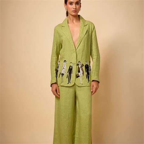 Pure Linen Pista Green Doodle Embroidered Blazer – Linen Bloom store