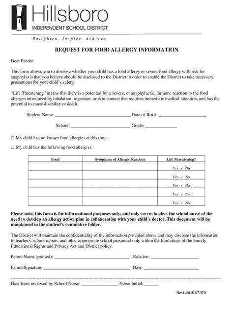 Food Allergy Information Request Form - El formulario se puede rellenar ...