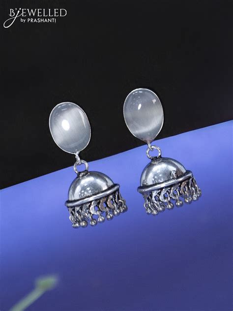 Oxidised jhumka with off white stone and hangings – Prashanti Sarees
