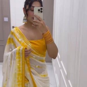 Buy Yellow White Georgette Print With Sequence Embroidery Work Saree ...