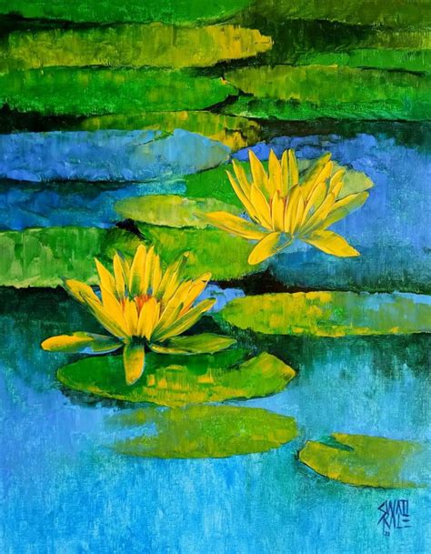 "Waterlilies 13": Yellow Green Oil Painting by Swati Kale | ArtZolo.com