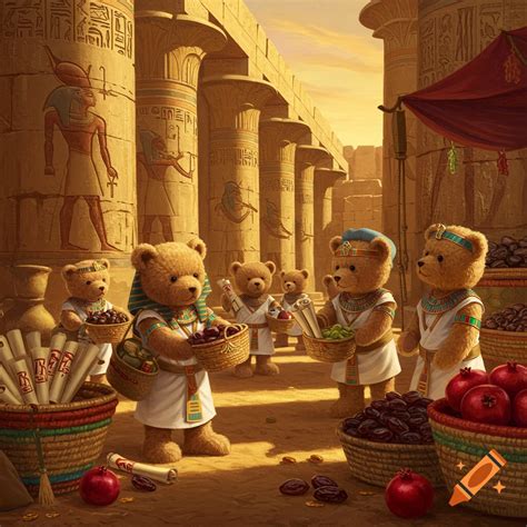 Anthropomorphic teddy bears wearing Egyptian attire, shopping in an ...