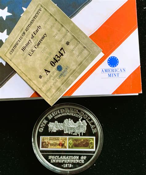 1875 DECLARATION OF INDEPENDENCE COMMEMORATIVE PROOF COLOR $100 DOLLAR ...