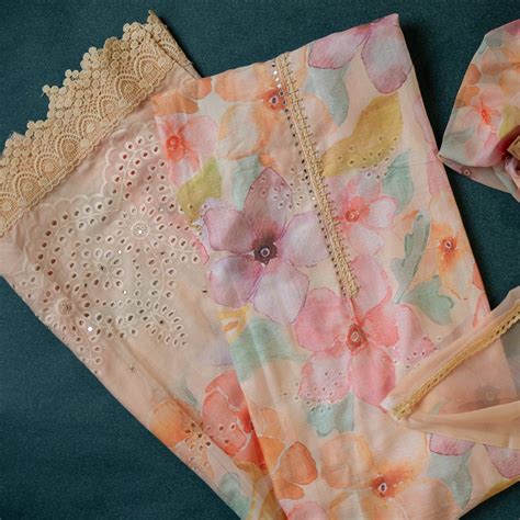 Pure Soft Cotton Unstitched Suit Material - Beige With Soft Chiffon Du ...