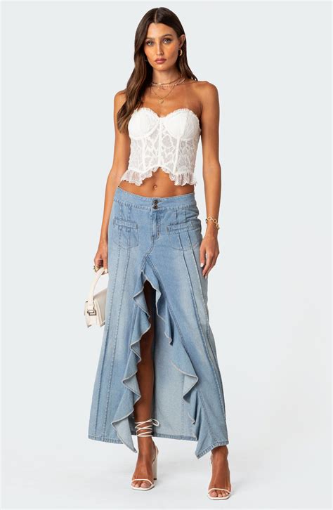 EDIKTED Valencia Ruffle Slit Front Denim Maxi Skirt | Nordstrom