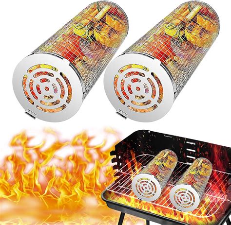 Grill Basket, BBQ Grill Basket, Rolling Grilling Basket, Stainless ...