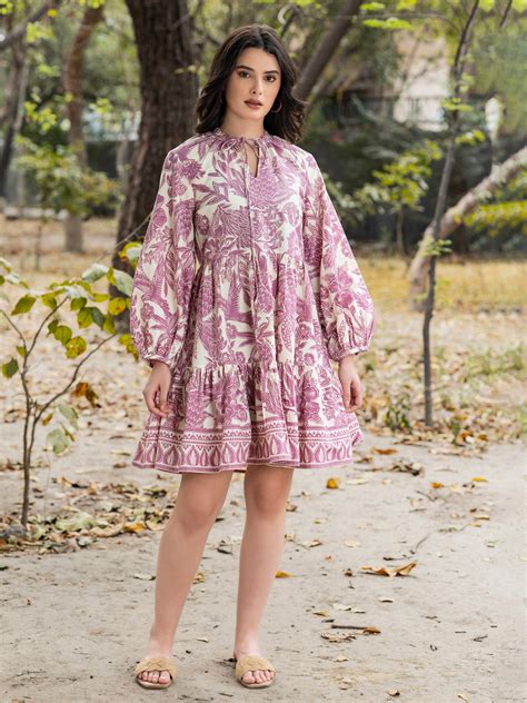 Buy Balloon Sleeve Layered Mini Dress with all over bird print in mauve ...
