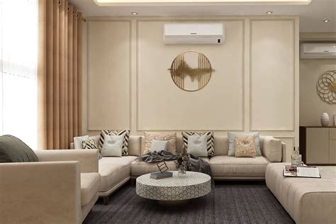 Spacious Living Room Design With Beige Wall Paint And Trims | Livspace