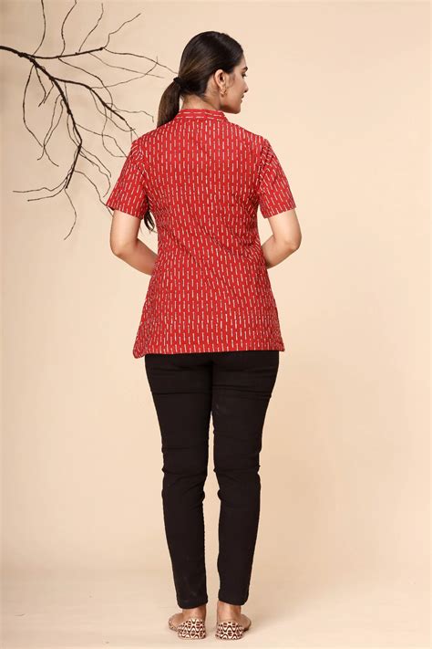 Red Slashes Block Printed Womens Tops