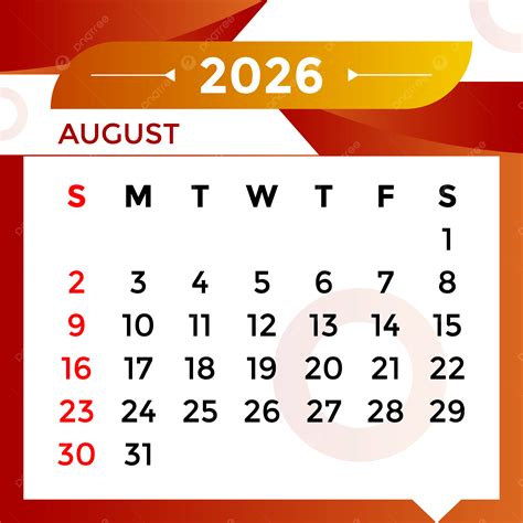 2026 August Month Calendar Vector Template Download on Pngtree