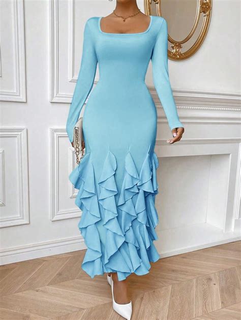 SHEIN Privé Ladies' Solid Color Square Neckline Lace Trim Dress | SHEIN USA